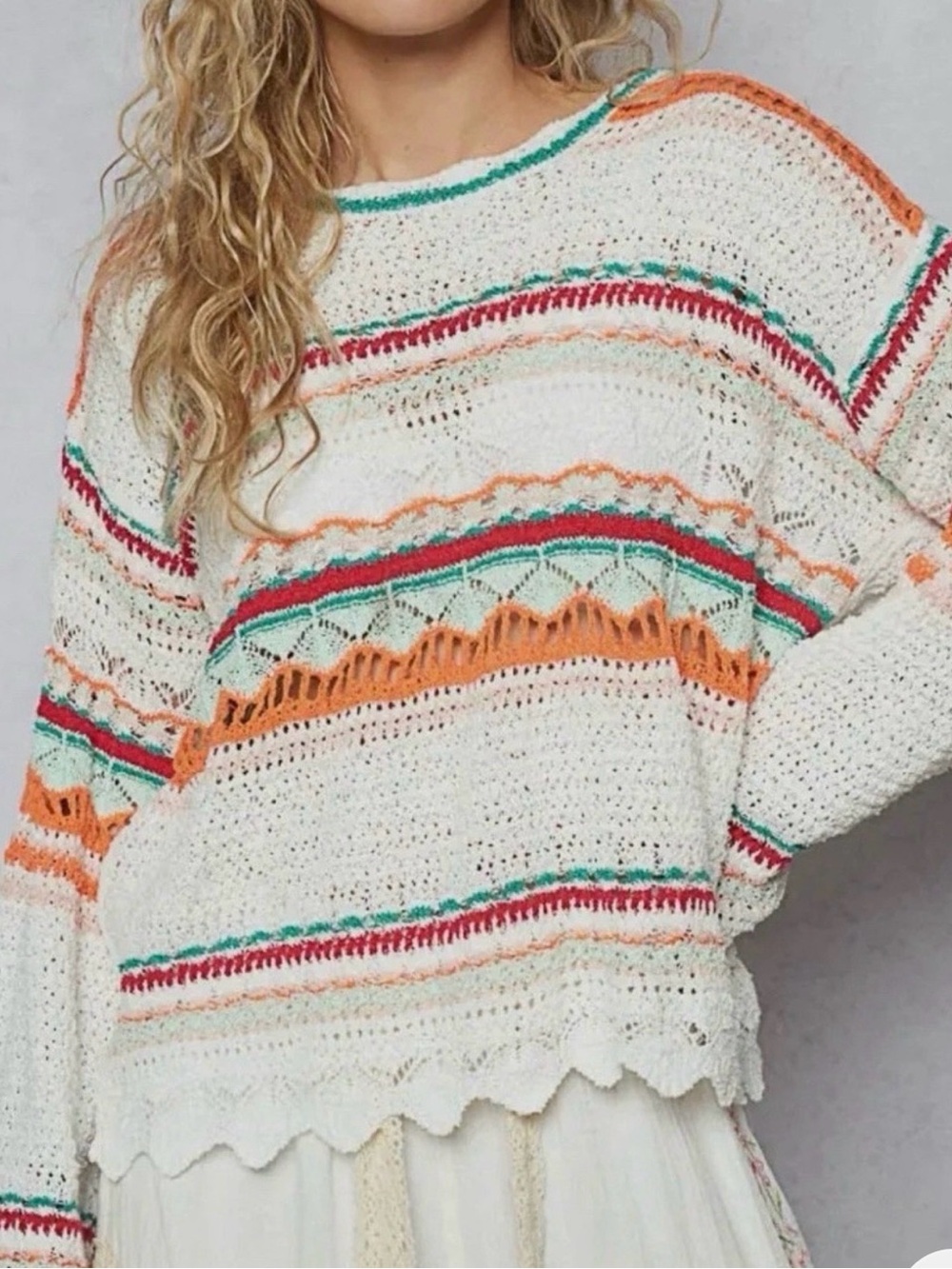 POL Boho Open-Knit Striped Sweater - White with Orange & Teal Accents Small NEW